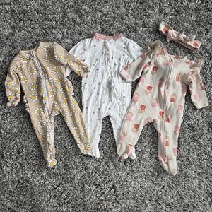 Adorable Floral, Tulip And Mushroom Kids Footie Trio Bundle 0-3 Months